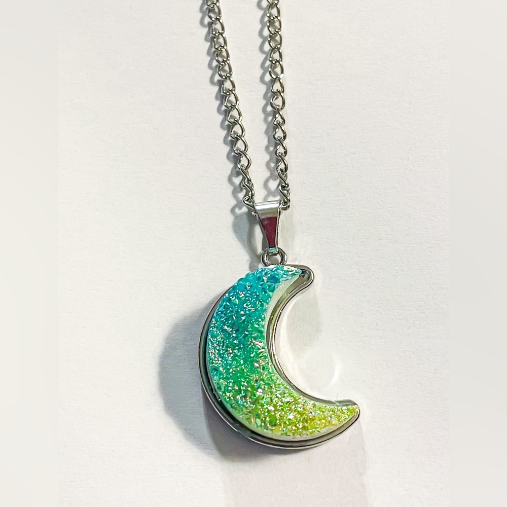 Green Druzy Crystal Moon Pendant Necklace